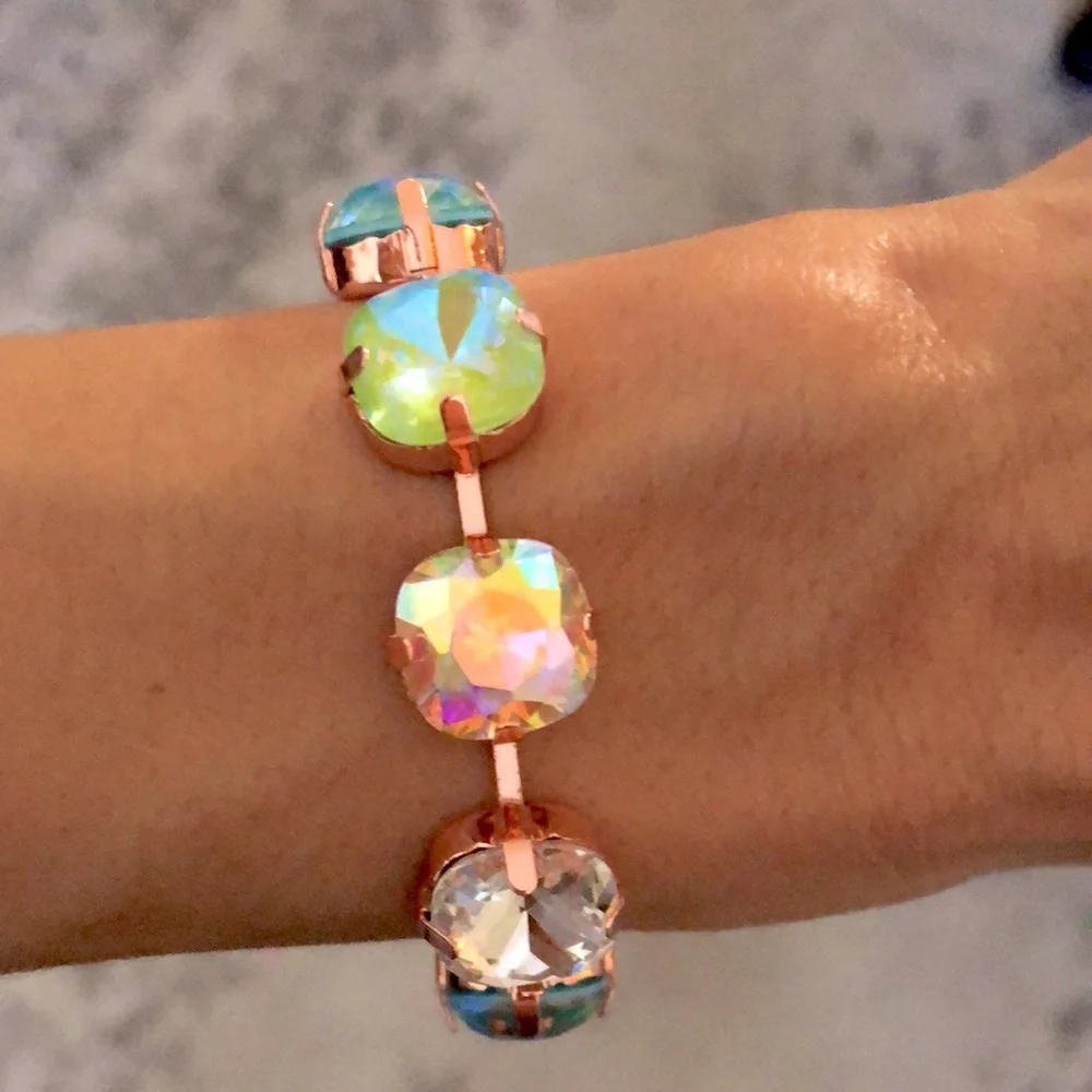 Aquamarine + Peridot AB Cushion Rose Gold Crystal Tennis Bracelet - Picture 11 of 11